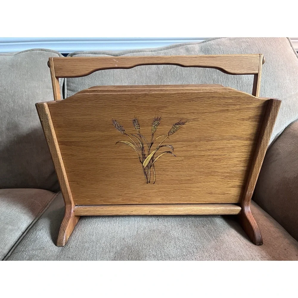 Vintage Oak Wooden Magazine Rack With Handle Adjustable Wheat Design